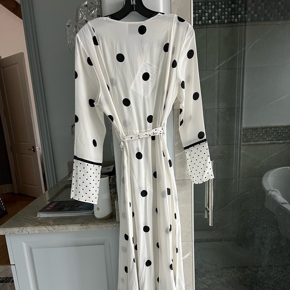 WE ARE LEONE Belted Polka-dot Silk Crepe De Chine Robe In White - Picture 13 of 14